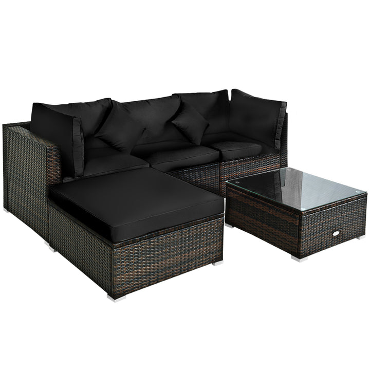 5PCS Rattan Patio Conversation Set Outdoor Furniture Set w/ Ottoman Black Cushion Image 6