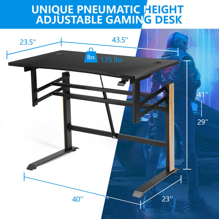 Pneumatic Height Adjustable Gaming Desk T Shaped Game Station w/Power Strip Tray Image 2