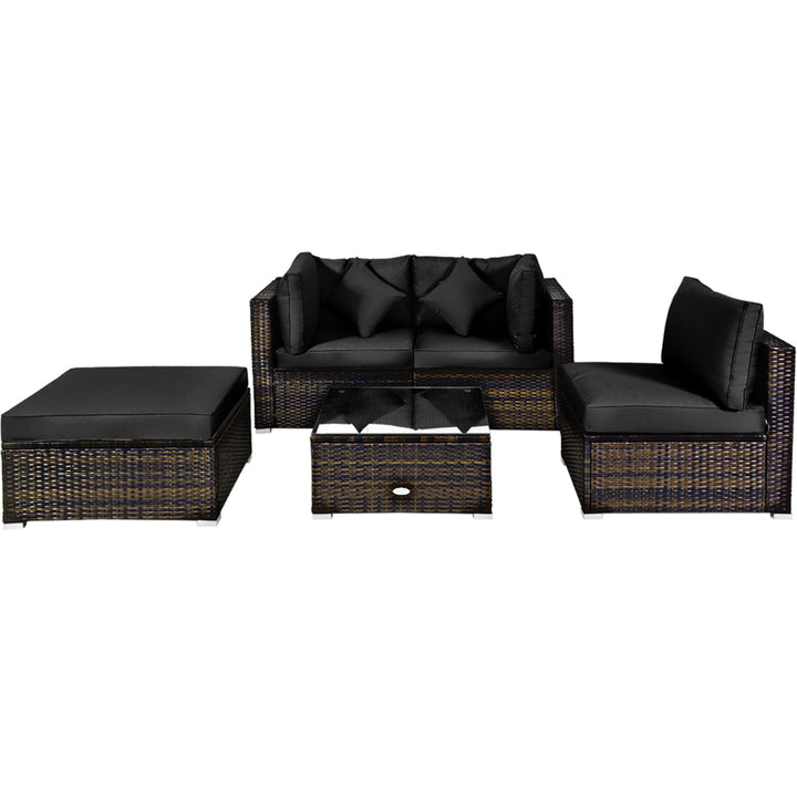 5PCS Rattan Patio Conversation Set Outdoor Furniture Set w/ Ottoman Black Cushion Image 7