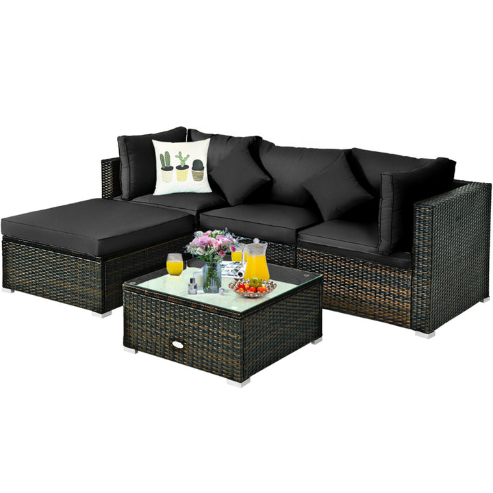 5PCS Rattan Patio Conversation Set Outdoor Furniture Set w/ Ottoman Black Cushion Image 8