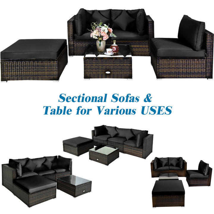 5PCS Rattan Patio Conversation Set Outdoor Furniture Set w/ Ottoman Black Cushion Image 9