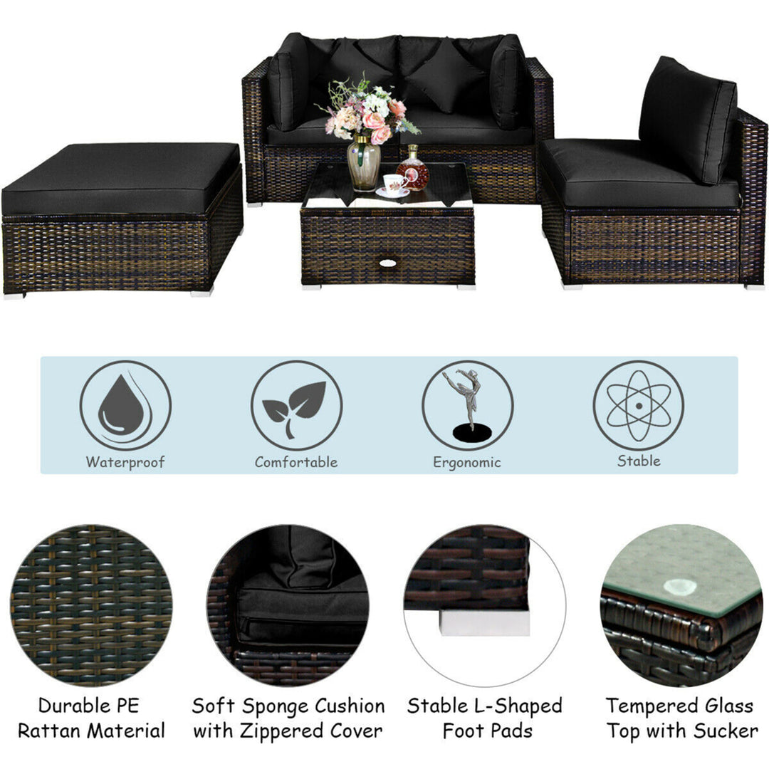 5PCS Rattan Patio Conversation Set Outdoor Furniture Set w/ Ottoman Black Cushion Image 10