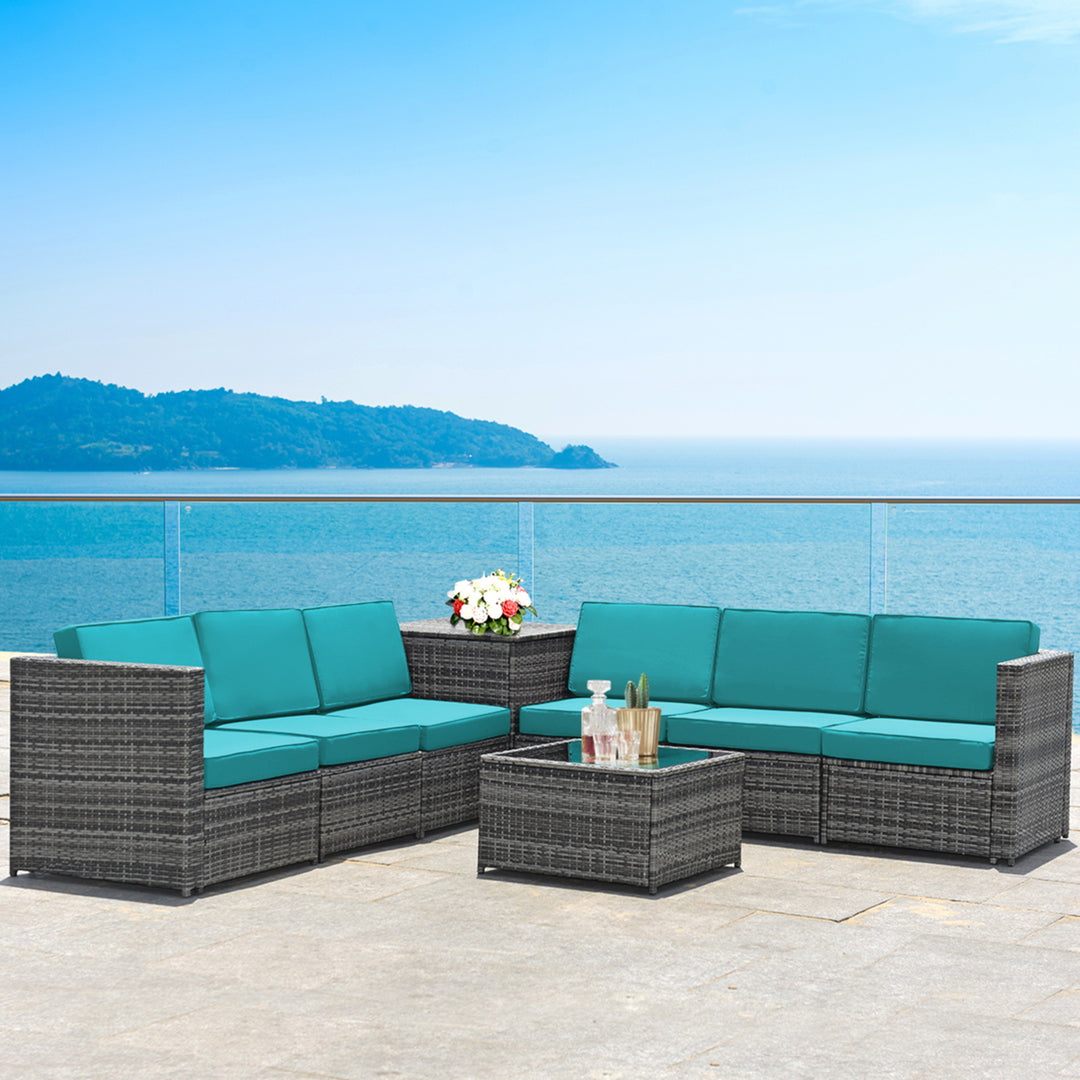 8PCS Patio Rattan Sofa Sectional Conversation Furniture Set w/ Turquoise Cushion Image 1