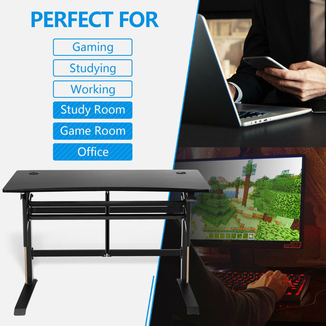 Pneumatic Height Adjustable Gaming Desk T Shaped Game Station w/Power Strip Tray Image 6