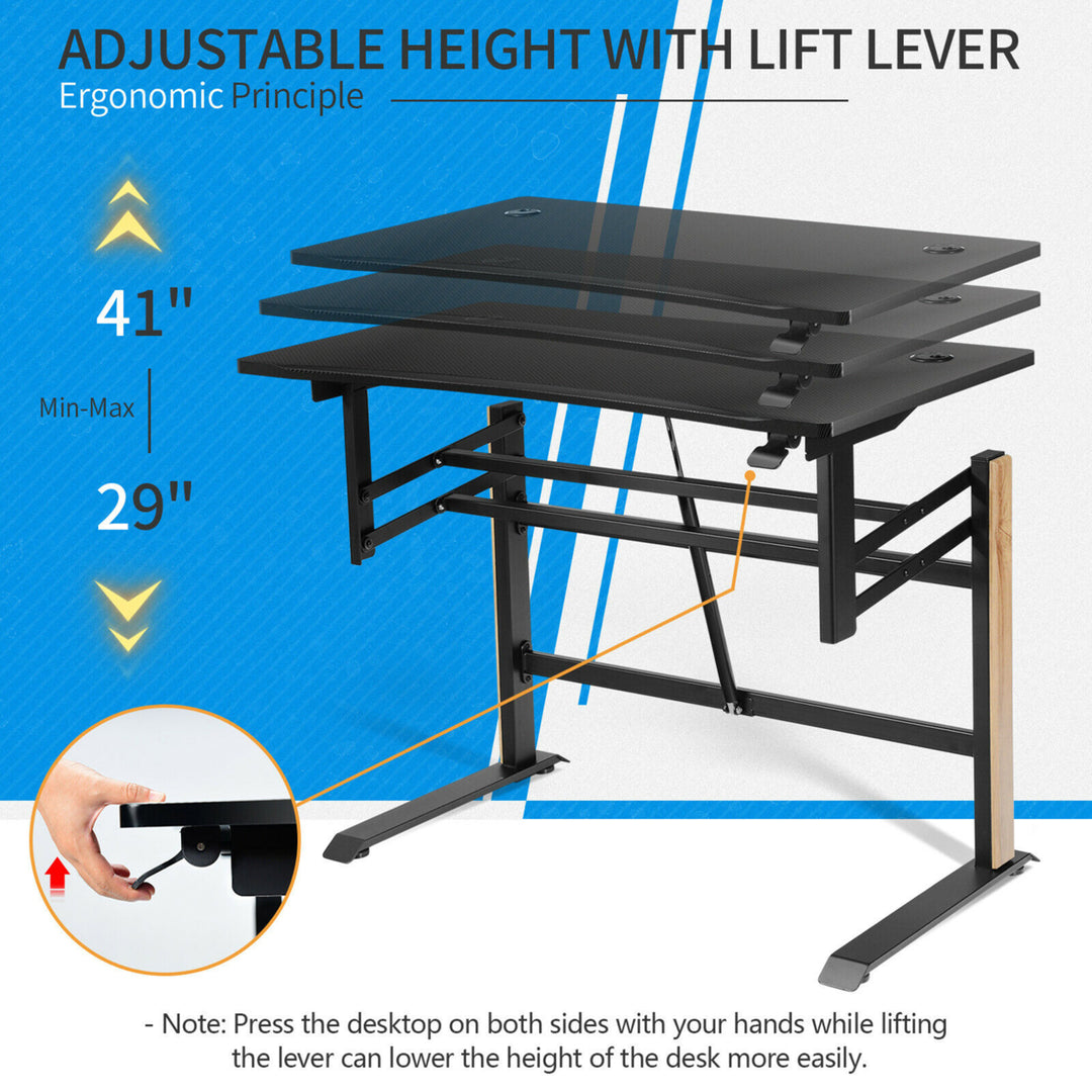 Pneumatic Height Adjustable Gaming Desk T Shaped Game Station w/Power Strip Tray Image 7