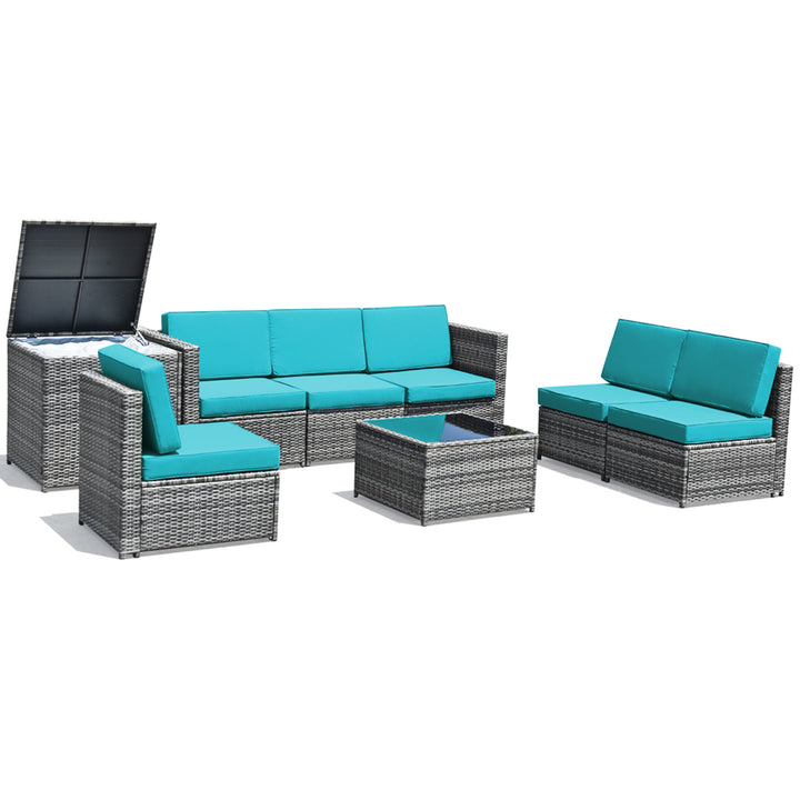 8PCS Patio Rattan Sofa Sectional Conversation Furniture Set w/ Turquoise Cushion Image 2