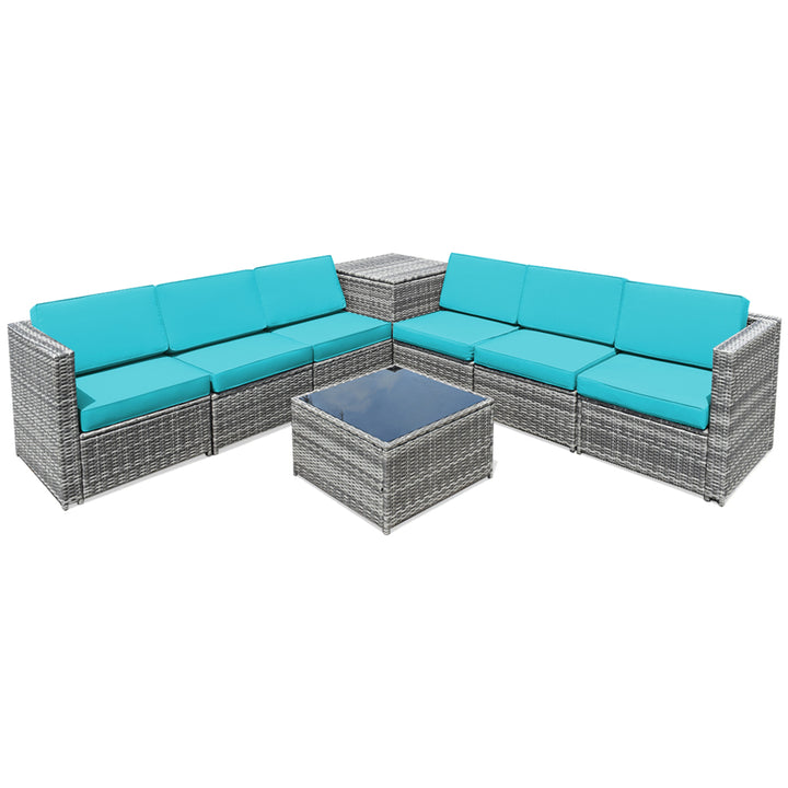 8PCS Patio Rattan Sofa Sectional Conversation Furniture Set w/ Turquoise Cushion Image 5