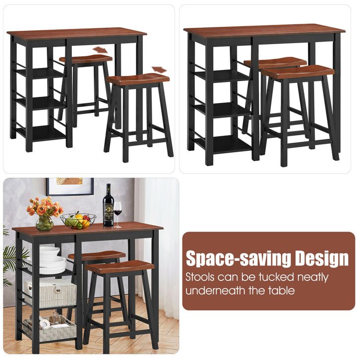 3-Piece Counter Height Dining Table Set w/2 Saddle StoolsandStorage Shelves Walnut Image 8