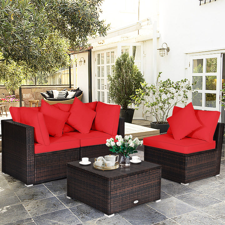 4PCS Rattan Patio Conversation Furniture Set Yard Outdoor w/ Red Cushion Image 1