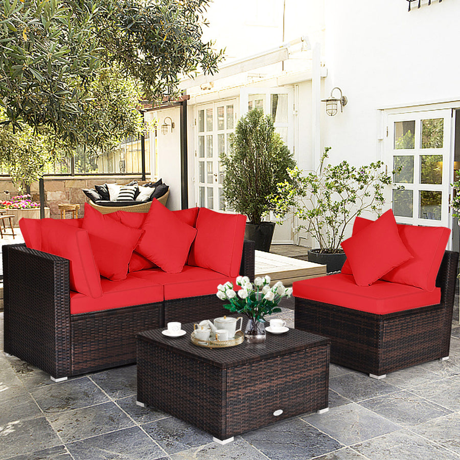 4PCS Rattan Patio Conversation Furniture Set Yard Outdoor w/ Red Cushion Image 1