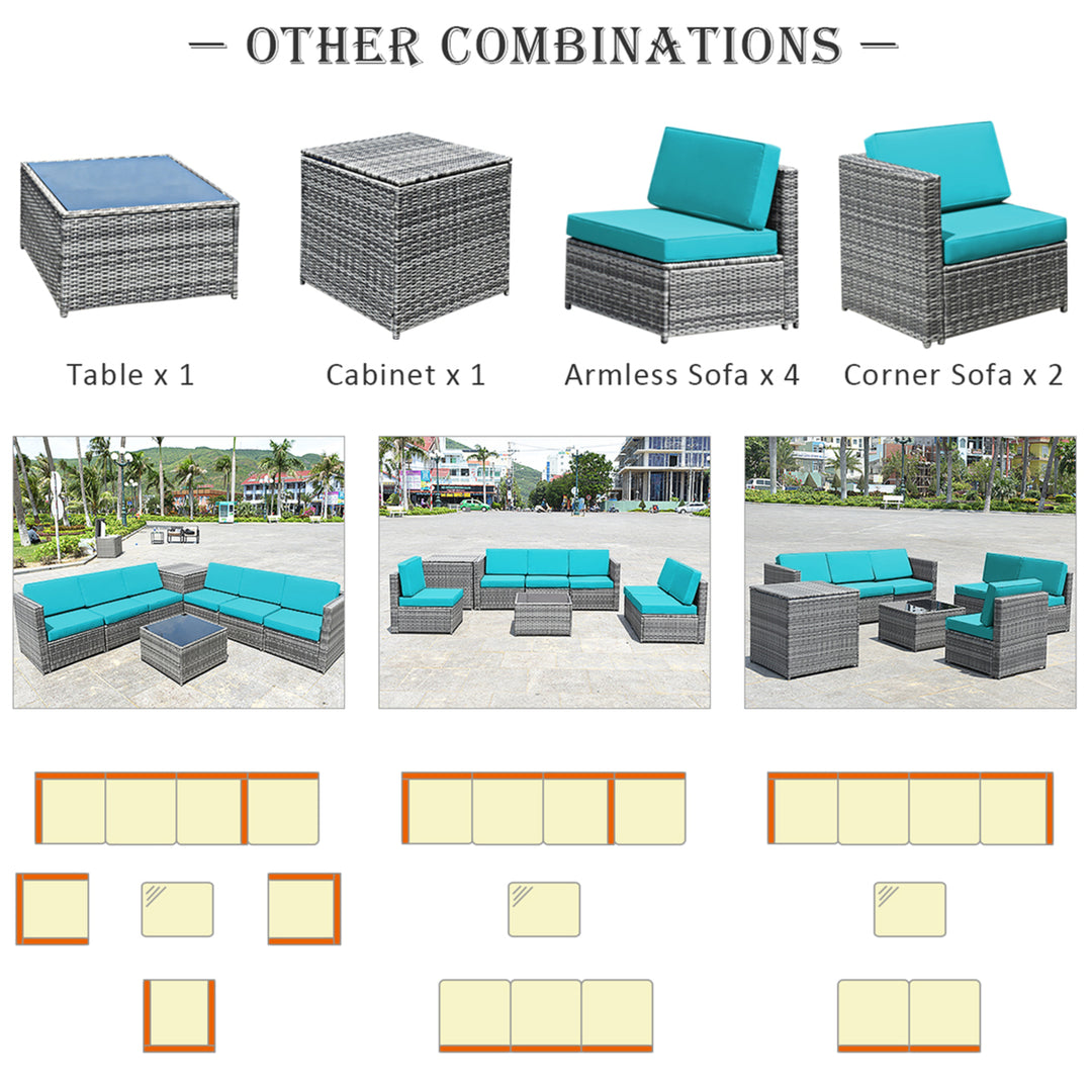 8PCS Patio Rattan Sofa Sectional Conversation Furniture Set w/ Turquoise Cushion Image 7