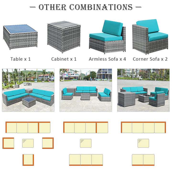 8PCS Patio Rattan Sofa Sectional Conversation Furniture Set w/ Turquoise Cushion Image 7