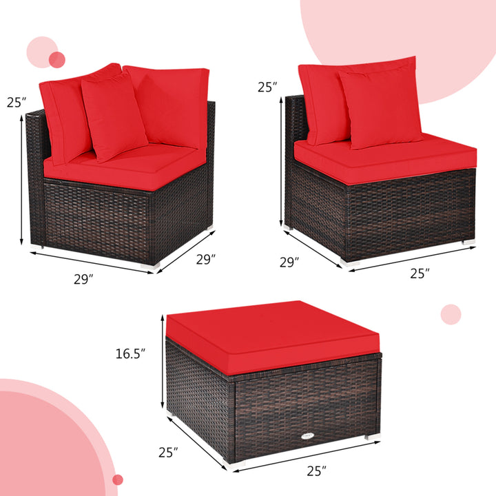 4PCS Rattan Patio Conversation Furniture Set Yard Outdoor w/ Red Cushion Image 3