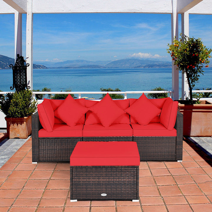 4PCS Rattan Patio Conversation Furniture Set Yard Outdoor w/ Red Cushion Image 4