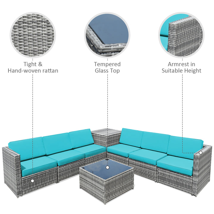 8PCS Patio Rattan Sofa Sectional Conversation Furniture Set w/ Turquoise Cushion Image 8