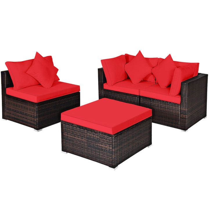 4PCS Rattan Patio Conversation Furniture Set Yard Outdoor w/ Red Cushion Image 2