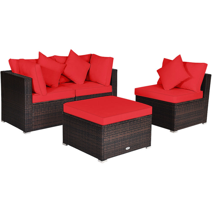 4PCS Rattan Patio Conversation Furniture Set Yard Outdoor w/ Red Cushion Image 5