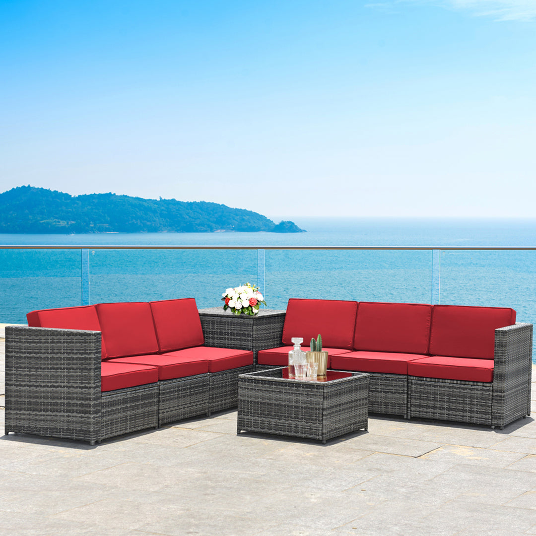 8PCS Patio Rattan Sofa Sectional Conversation Furniture Set w/ Red Cushion Image 1