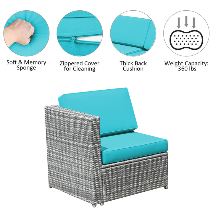 8PCS Patio Rattan Sofa Sectional Conversation Furniture Set w/ Turquoise Cushion Image 10