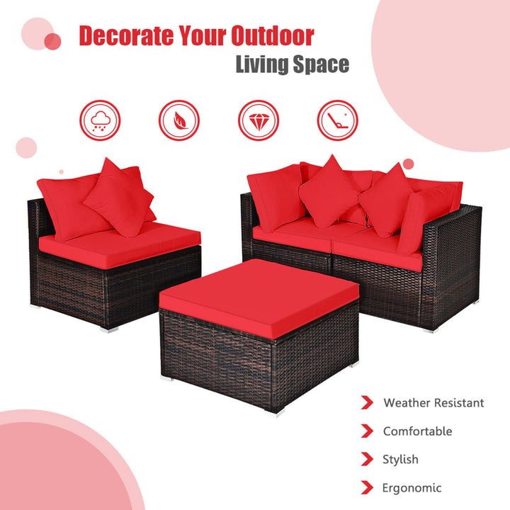 4PCS Rattan Patio Conversation Furniture Set Yard Outdoor w/ Red Cushion Image 6