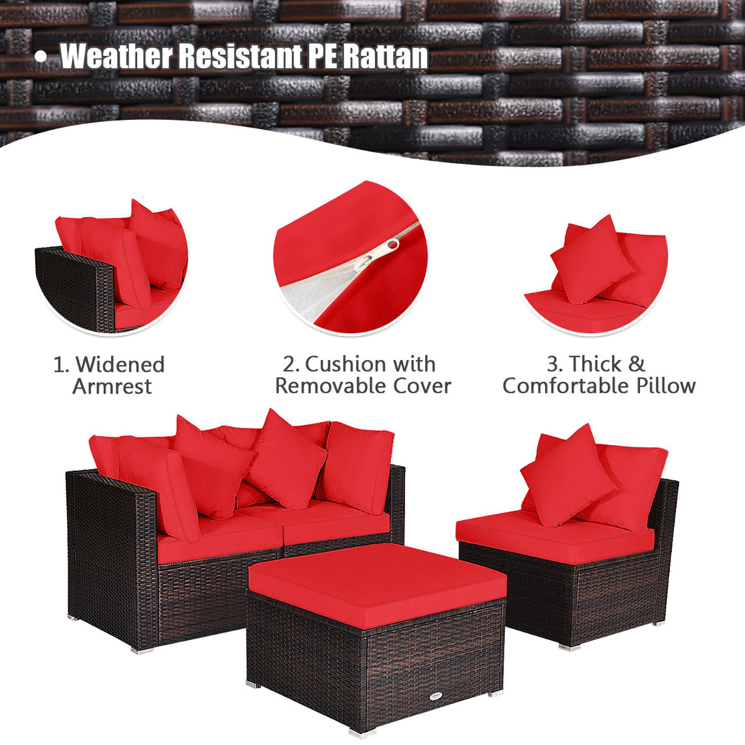 4PCS Rattan Patio Conversation Furniture Set Yard Outdoor w/ Red Cushion Image 9