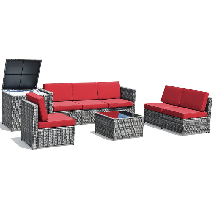 8PCS Patio Rattan Sofa Sectional Conversation Furniture Set w/ Red Cushion Image 2