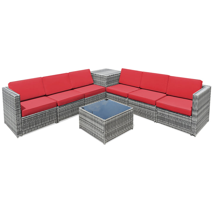 8PCS Patio Rattan Sofa Sectional Conversation Furniture Set w/ Red Cushion Image 5