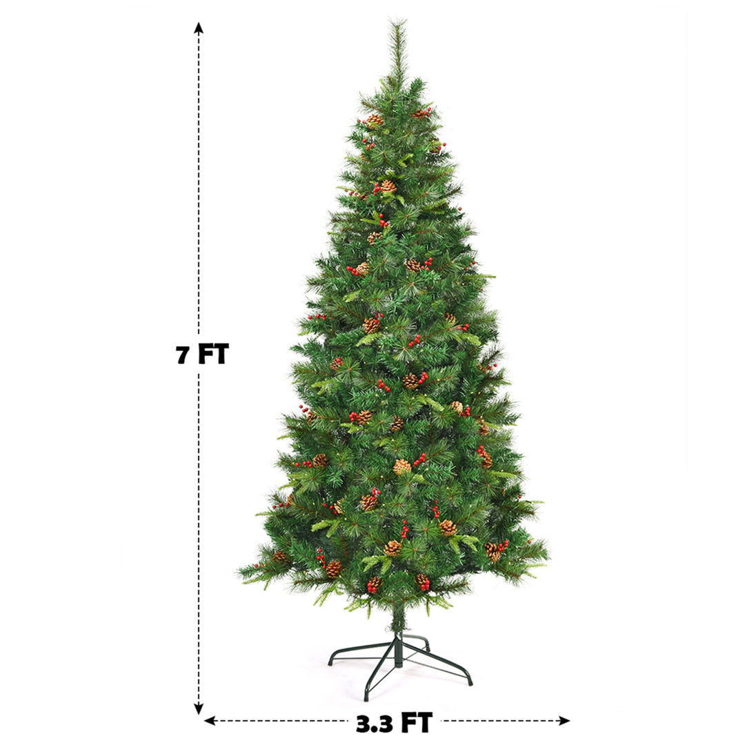 7 ft Pre-lit Hinged Christmas Tree Holiday Decor w/ LED Lights Metal Stand Image 2