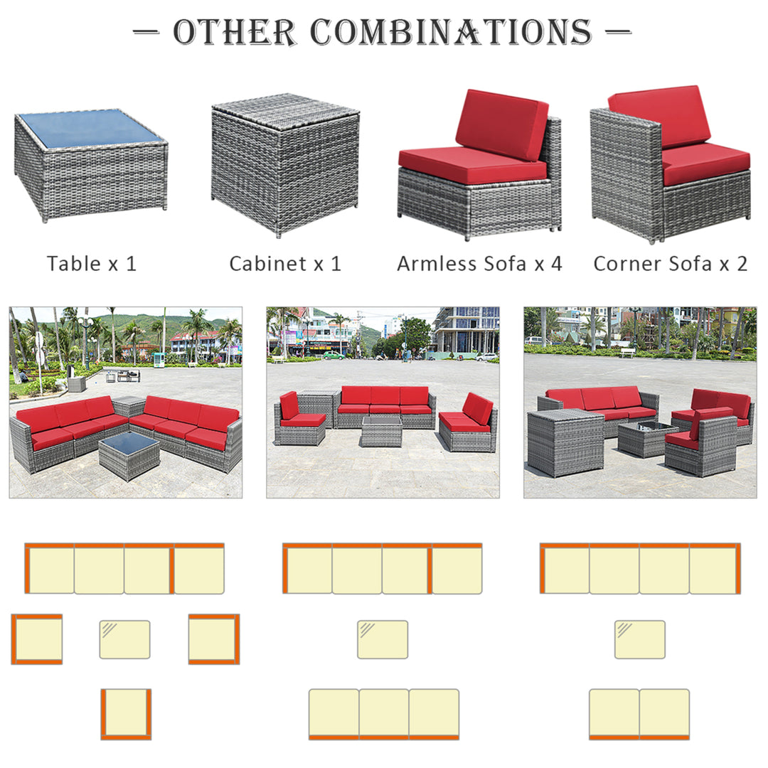 8PCS Patio Rattan Sofa Sectional Conversation Furniture Set w/ Red Cushion Image 7