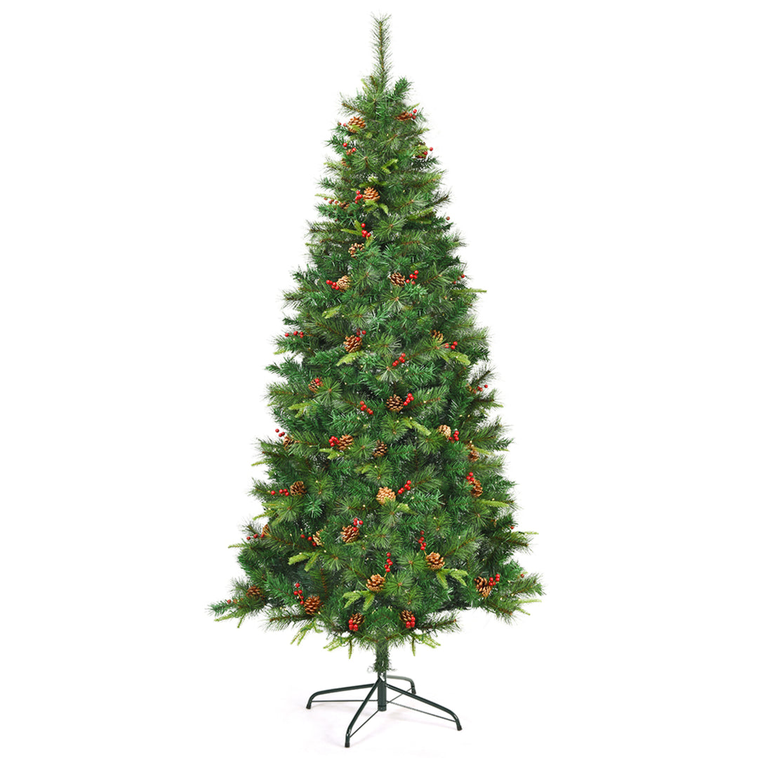 7 ft Pre-lit Hinged Christmas Tree Holiday Decor w/ LED Lights Metal Stand Image 4