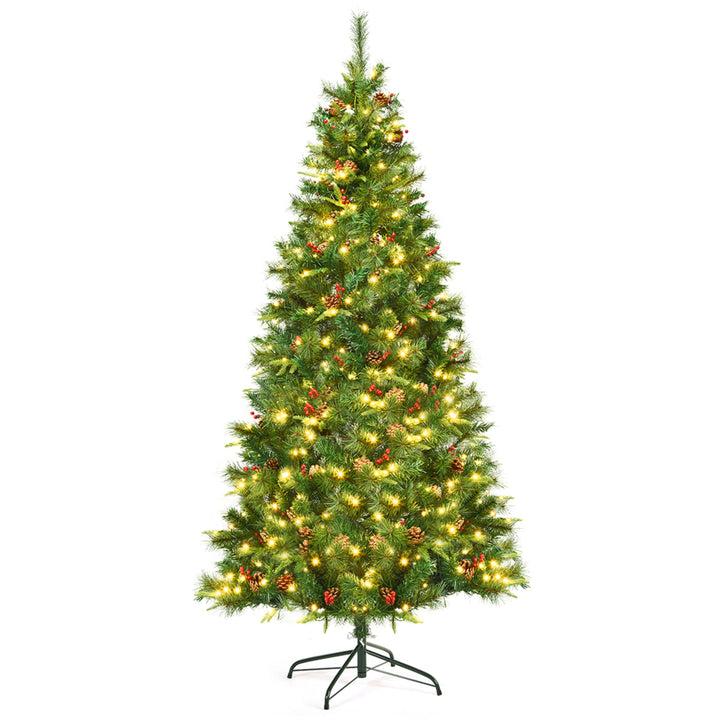 7 ft Pre-lit Hinged Christmas Tree Holiday Decor w/ LED Lights Metal Stand Image 5