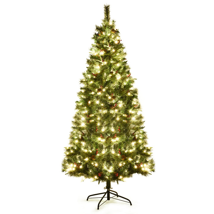 7 ft Pre-lit Hinged Christmas Tree Holiday Decor w/ LED Lights Metal Stand Image 6