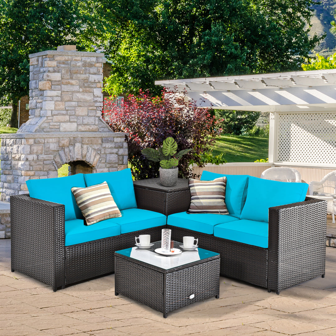 4PCS Cushioned Rattan Patio Conversation Set w/ Side Table Turquoise Cushion Image 1