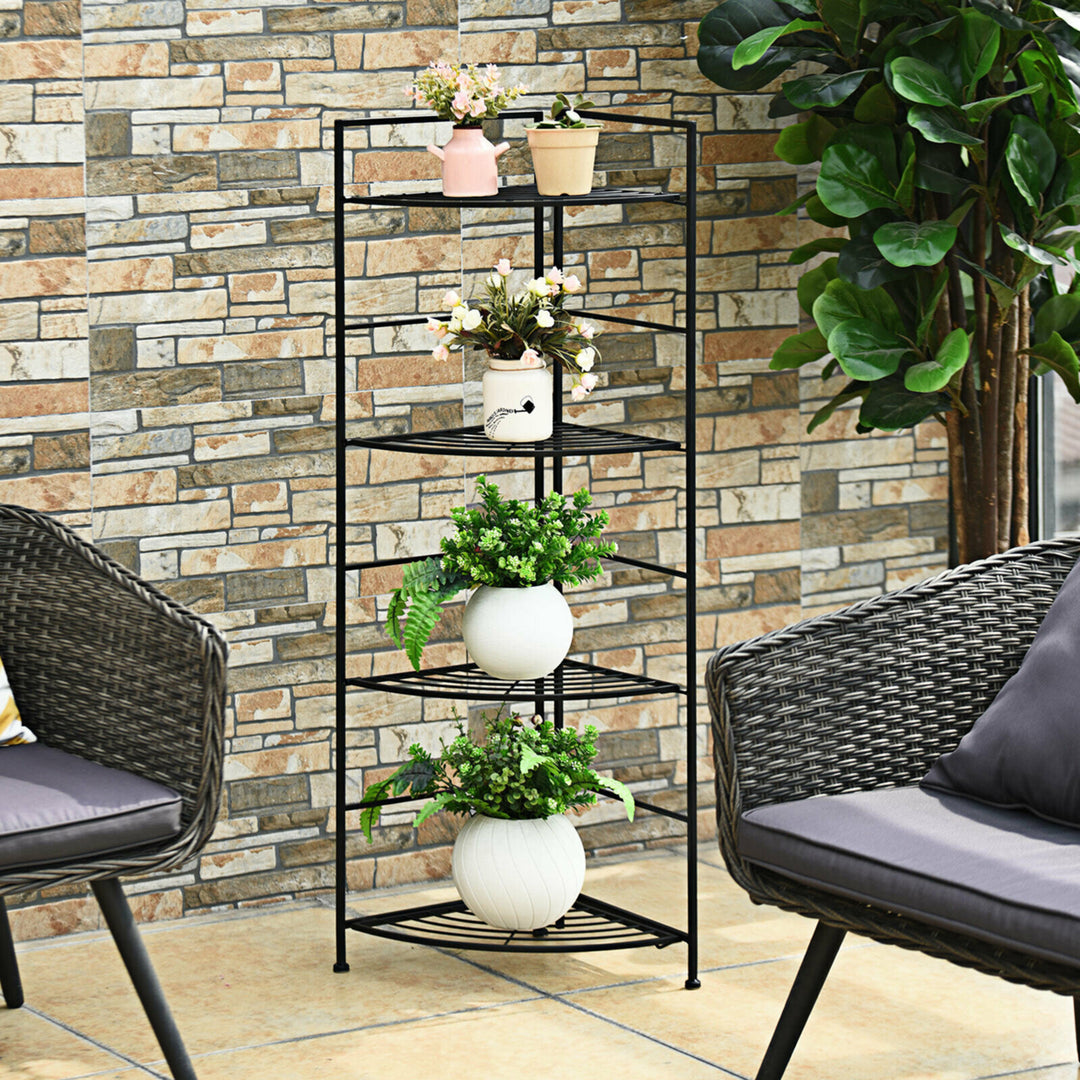 4 Tier Folding Metal Shelf Plant Stand Storage Open Shelf Corner Display Rack Image 4