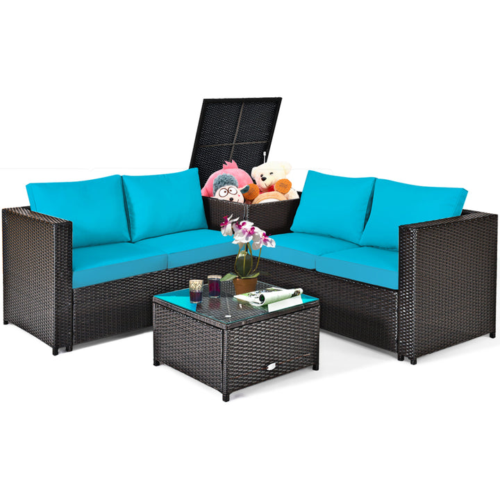 4PCS Cushioned Rattan Patio Conversation Set w/ Side Table Turquoise Cushion Image 2