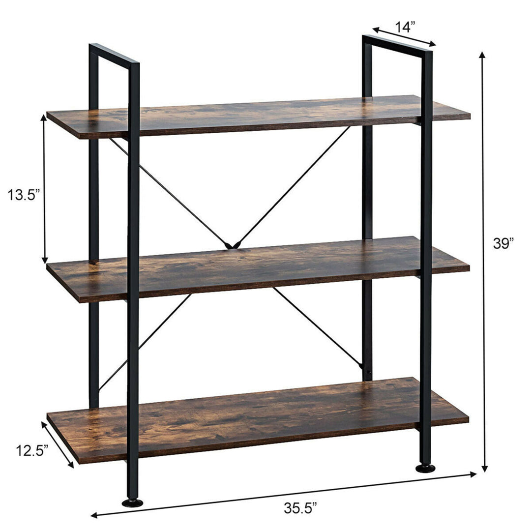 3-Tier Bookshelf Industrial Bookcase Display Shelf Storage Rack Rustic Brown Image 2