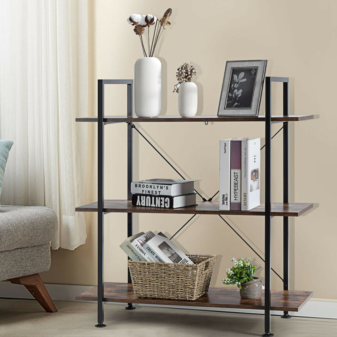 3-Tier Bookshelf Industrial Bookcase Display Shelf Storage Rack Rustic Brown Image 3