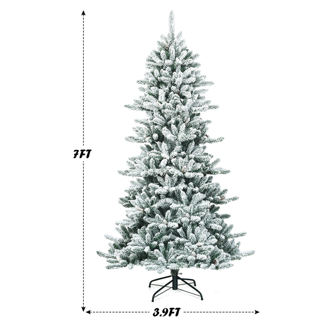 7FT Snow Flocked Christmas Tree Hinged Fir Tree w/ Pine Cones Metal Stand Image 2