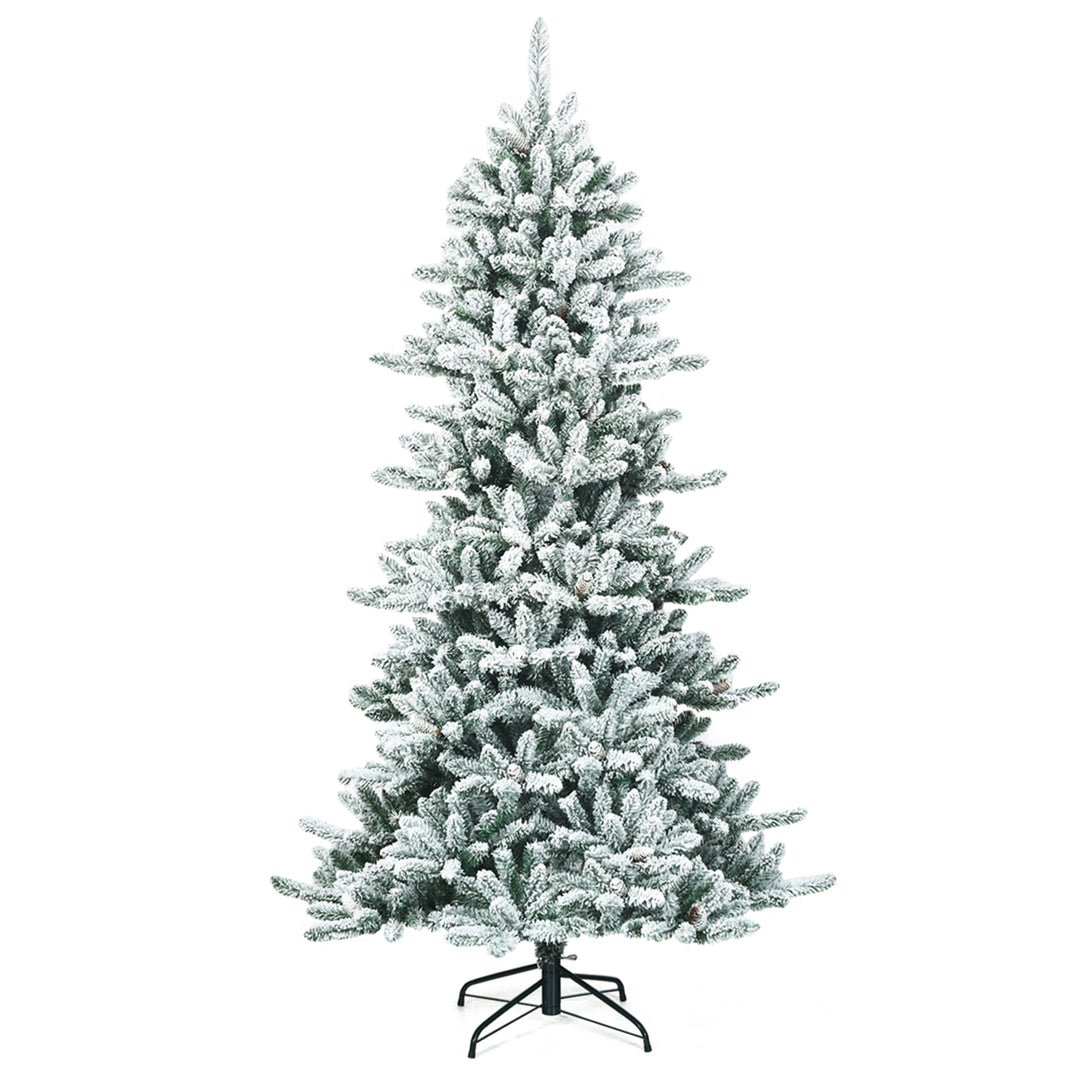 7FT Snow Flocked Christmas Tree Hinged Fir Tree w/ Pine Cones Metal Stand Image 5