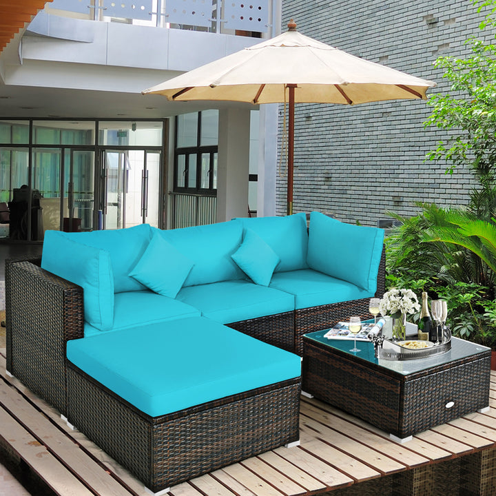 5PCS Rattan Patio Conversation Set Outdoor Furniture Set w/ Ottoman Turquoise Cushion Image 4