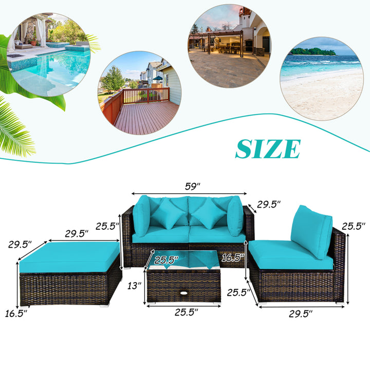 5PCS Rattan Patio Conversation Set Outdoor Furniture Set w/ Ottoman Turquoise Cushion Image 5