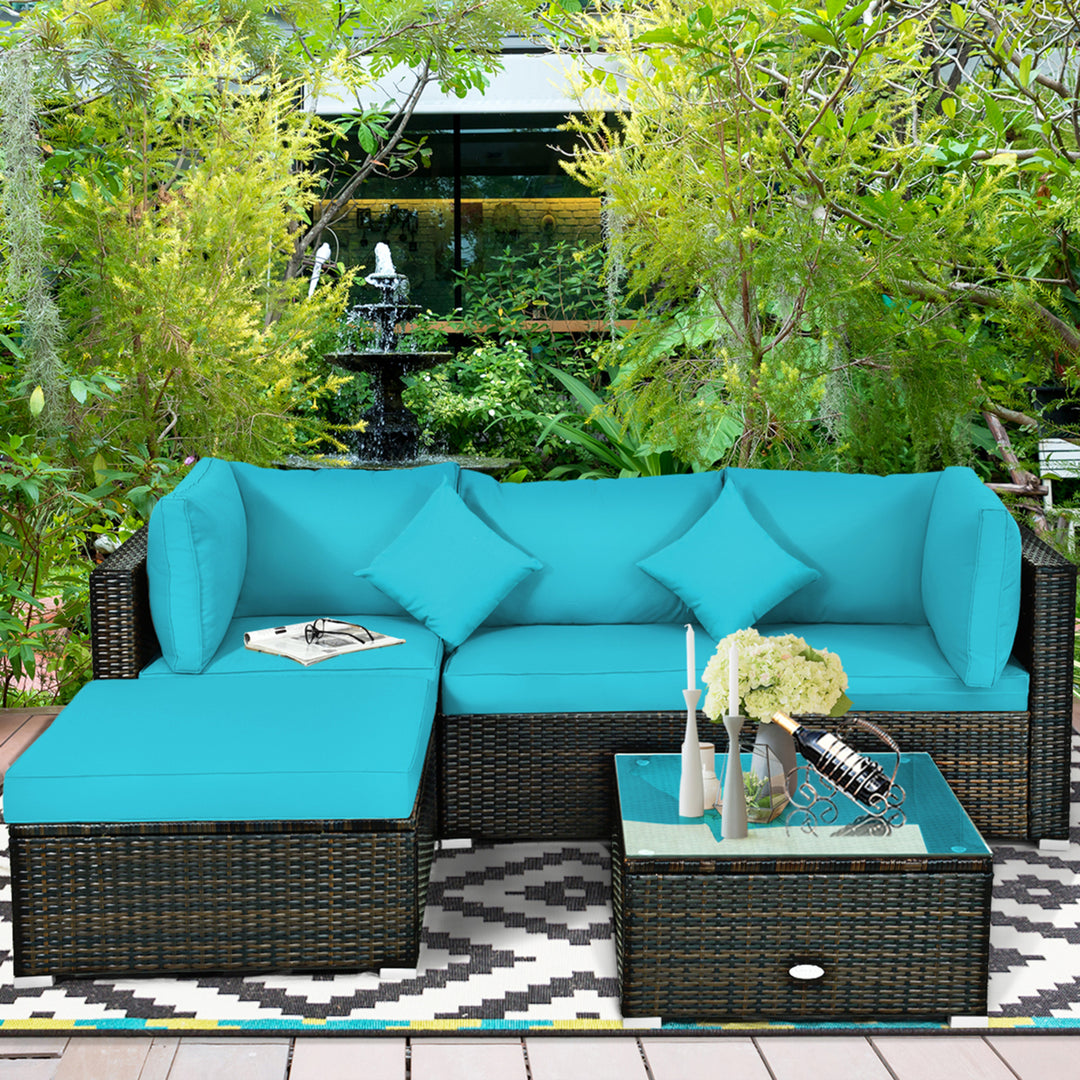 5PCS Rattan Patio Conversation Set Outdoor Furniture Set w/ Ottoman Turquoise Cushion Image 3