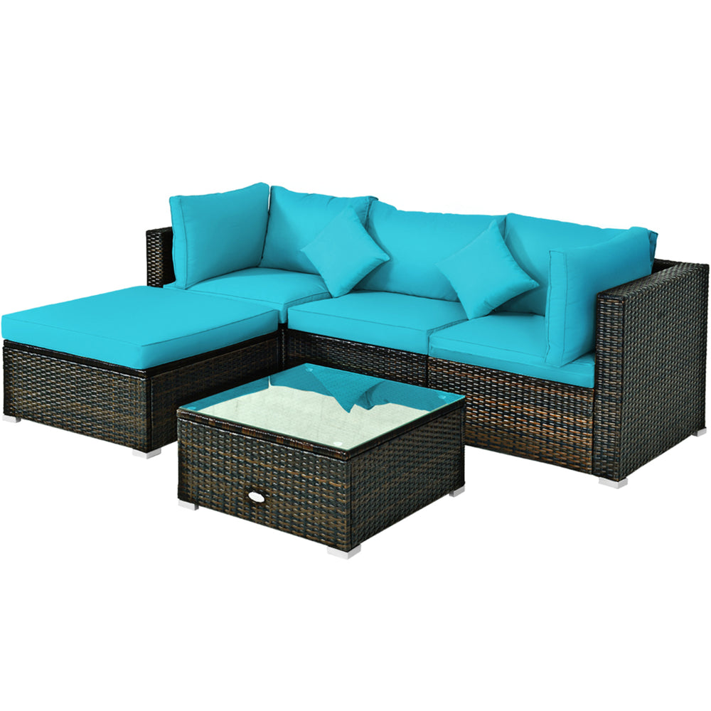 5PCS Rattan Patio Conversation Set Outdoor Furniture Set w/ Ottoman Turquoise Cushion Image 2