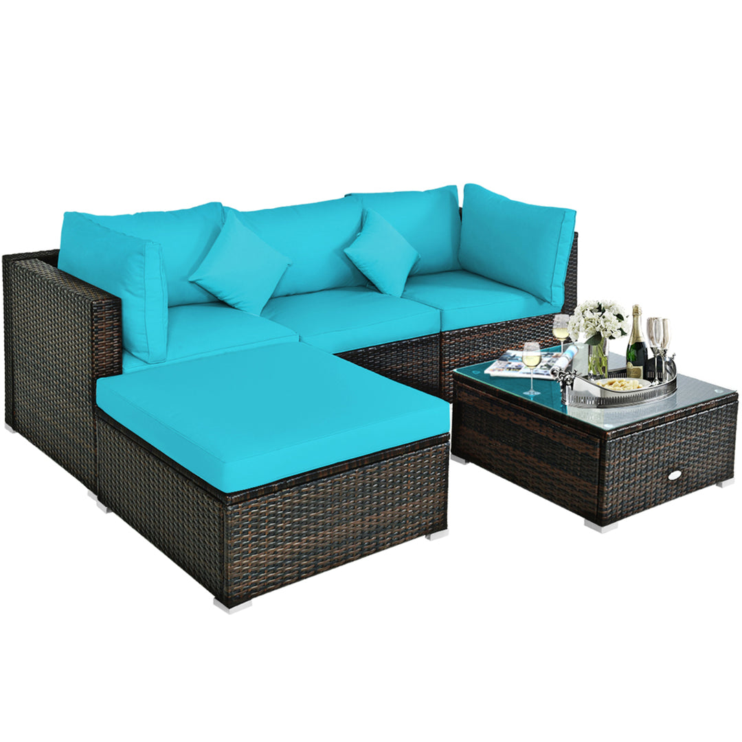 5PCS Rattan Patio Conversation Set Outdoor Furniture Set w/ Ottoman Turquoise Cushion Image 6