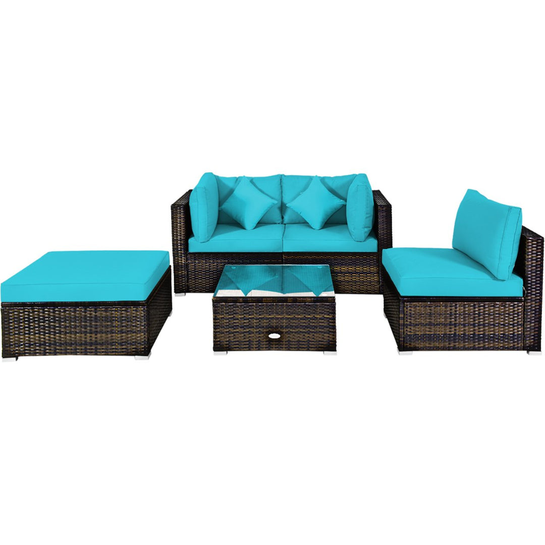 5PCS Rattan Patio Conversation Set Outdoor Furniture Set w/ Ottoman Turquoise Cushion Image 7