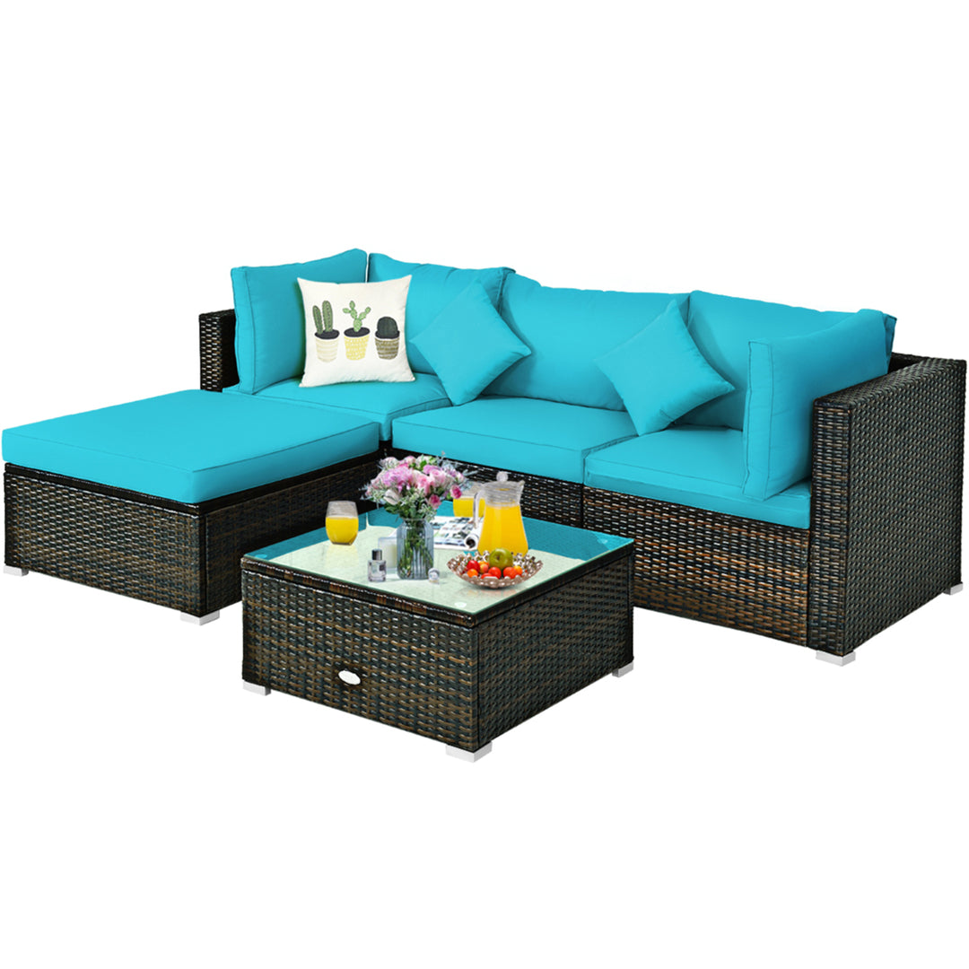 5PCS Rattan Patio Conversation Set Outdoor Furniture Set w/ Ottoman Turquoise Cushion Image 8