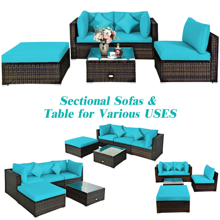 5PCS Rattan Patio Conversation Set Outdoor Furniture Set w/ Ottoman Turquoise Cushion Image 9