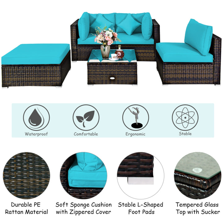 5PCS Rattan Patio Conversation Set Outdoor Furniture Set w/ Ottoman Turquoise Cushion Image 10