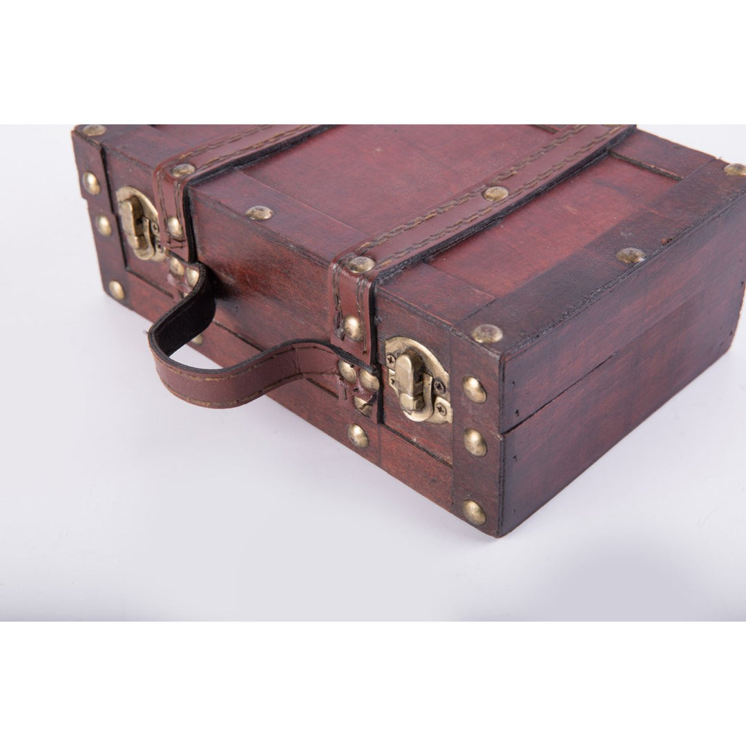 Antique Style Small Wooden Suitcase With Leather Straps and Handle Image 4