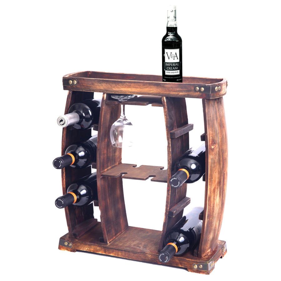 Rustic Wooden 8 Bottle Wine Rack with Glasses Holder Durable Vintage Design Image 1